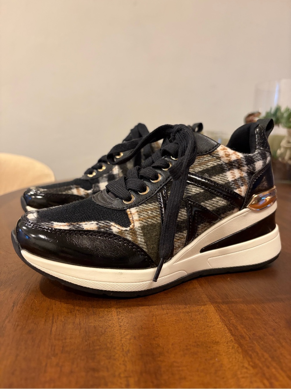 Aldo Black and Olive Plaid Platform Sneakers